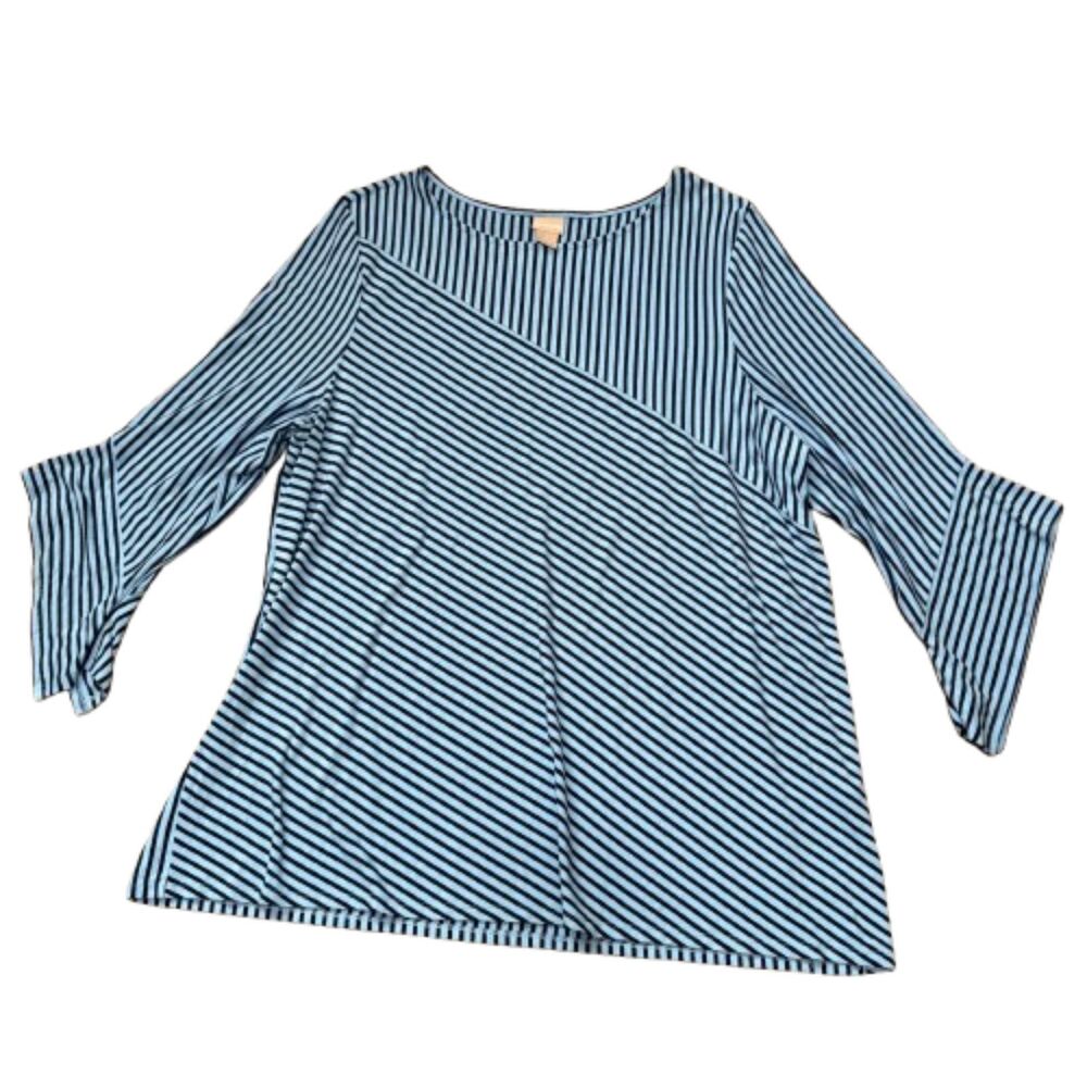 Chico's Blue Navy Stripe Bell Sleeve Blouse Asymmetrical Stretch Knit Size 4 XXL